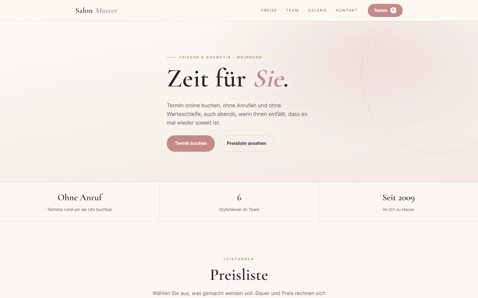 Startseite der Friseur-Vorlage mit Preisliste und Terminbuchung
