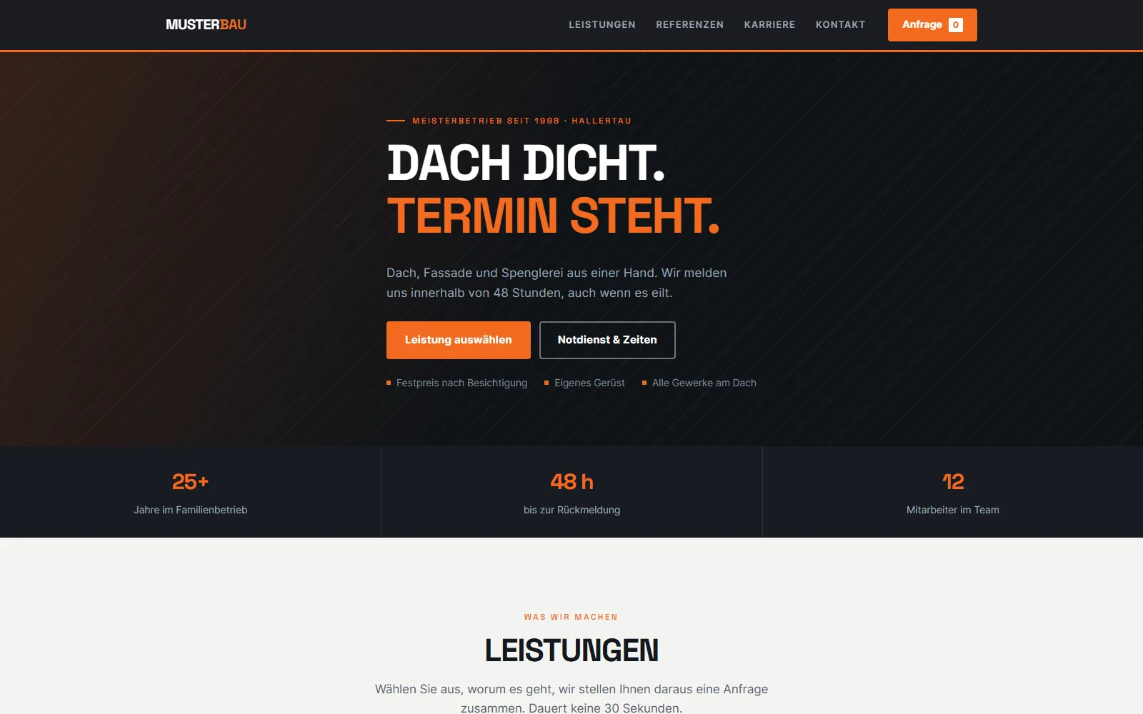 Startseite der Handwerks-Vorlage mit Leistungen und Anfrageliste