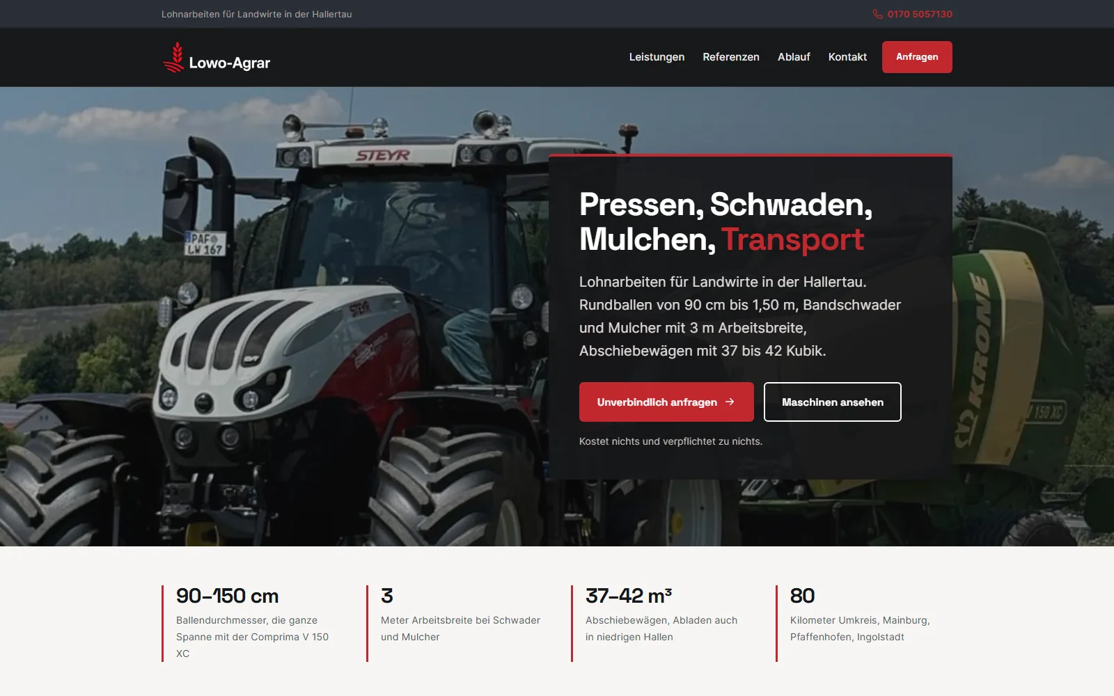 Startseite von Lowo-Agrar mit Traktor und Rundballenpresse